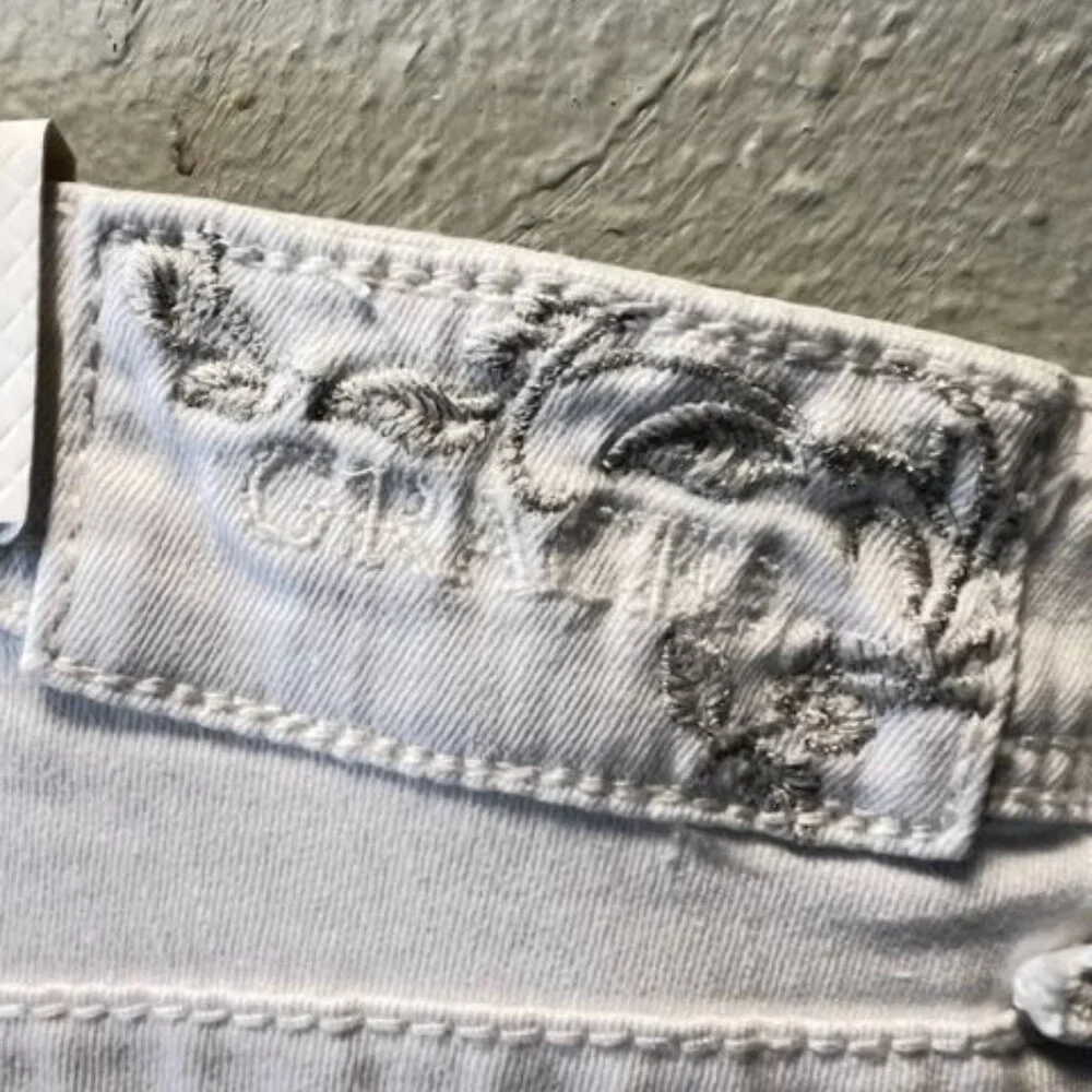 Grace Jeans Embroidered White Denim Easy Fit Frayed Hem Floral Design Womens Pan